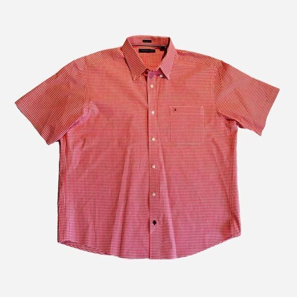 Tommy Hilfiger Men’s Short Sleeve Button Down Cotton Red White Shirt Size 17 XL - Picture 4 of 9
